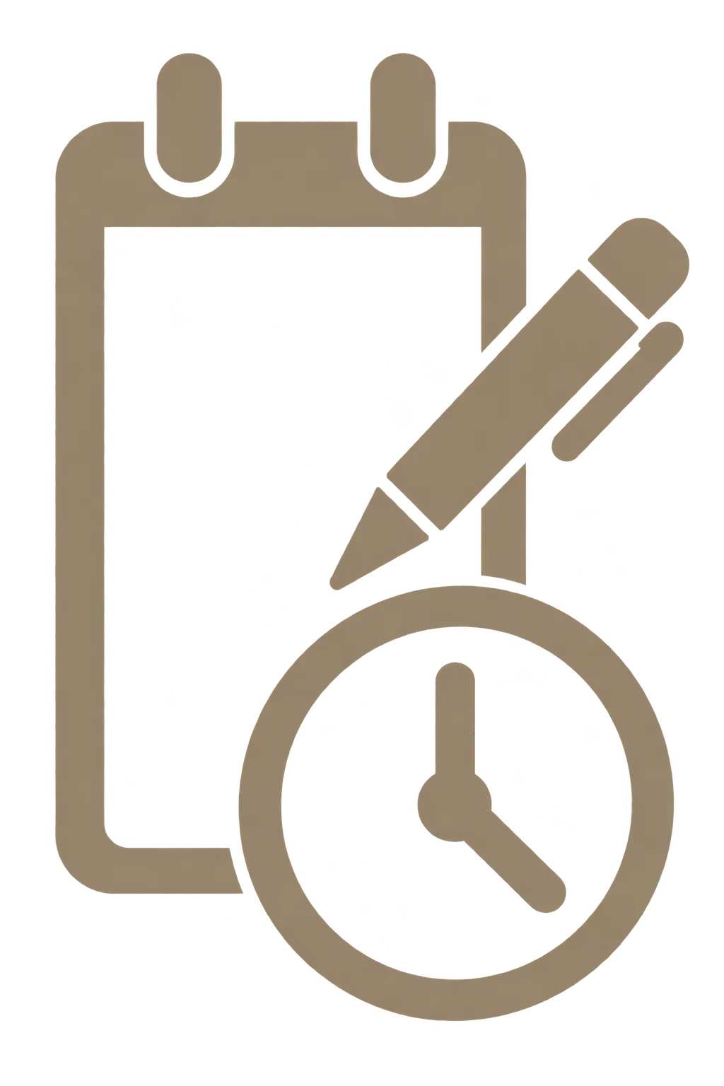 Calendar, Pencil, Clock icon.